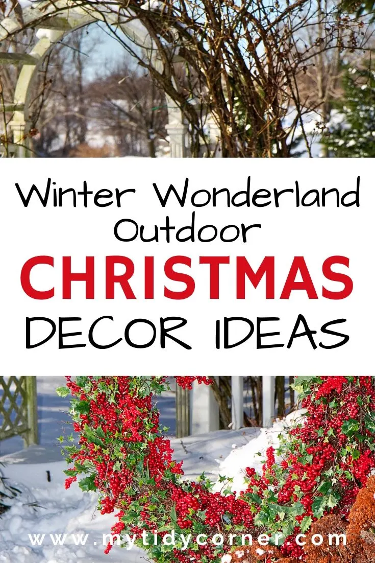 Red berries in a snowy winter outdoors with text overlay "Winter wonderland outdoor Christmas decor ideas".