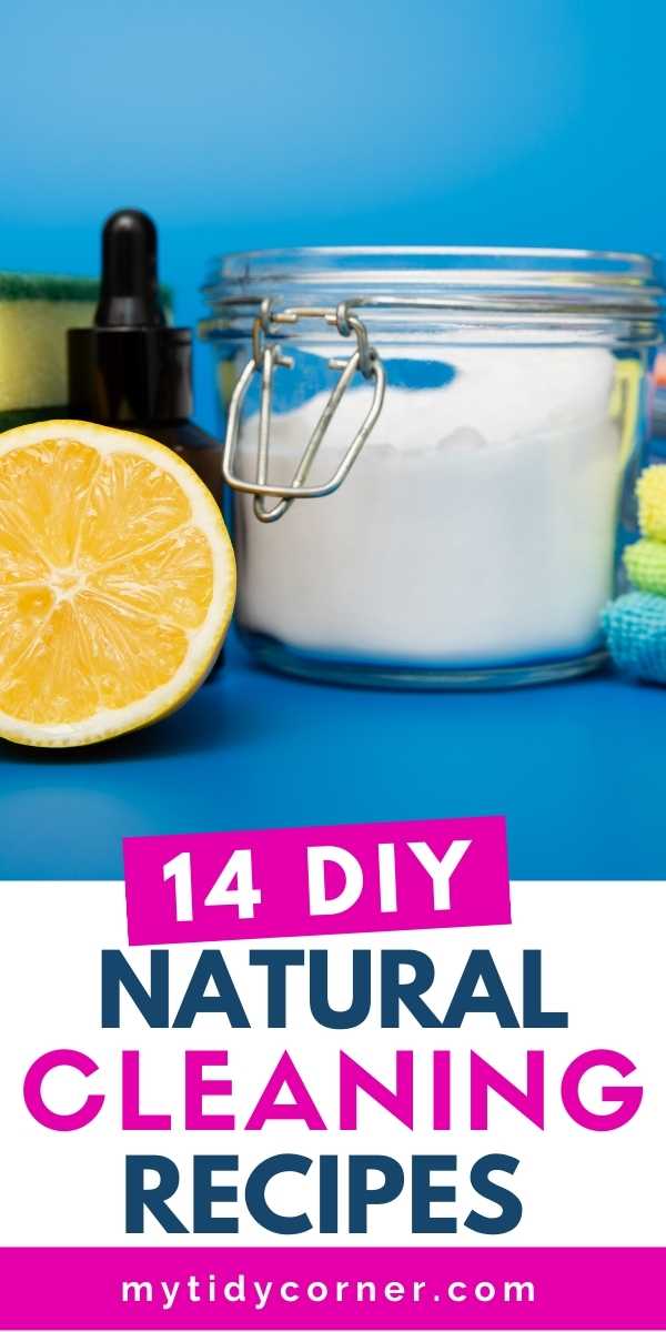 lemon, baking soda with text that says, "14 DIY natural cleaners".