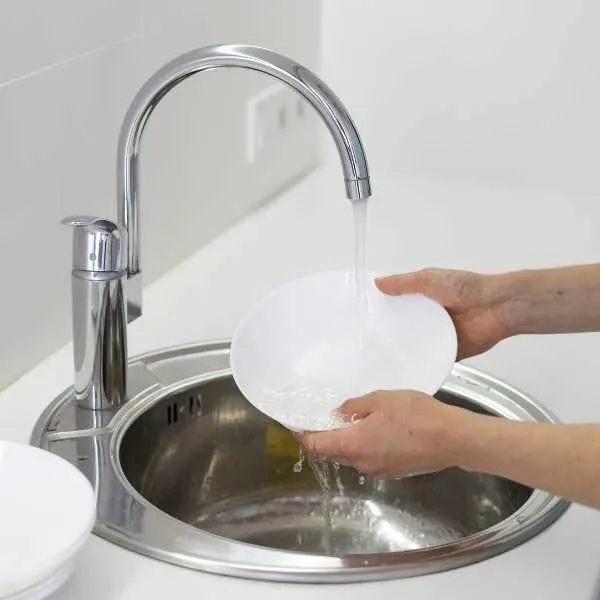 A woman washing plates in a sink