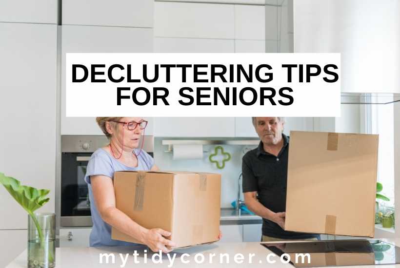 Two seniors carrying boxes with text that says, "Decluttering tips for seniors".