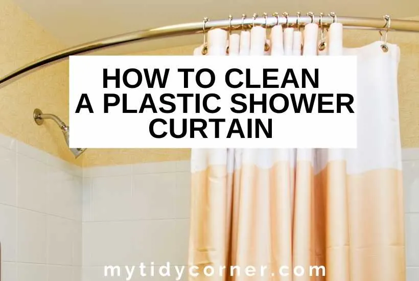 Shower curtain with text that says, "How to clean a plastic shower curtain".