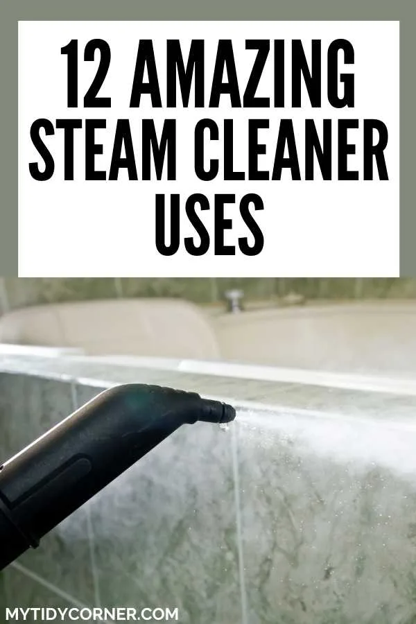 Steam cleaner nozzle on tile grout with text that says, "Steam cleaner uses".