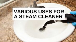 Someone steam cleaning a sink with text that says, 