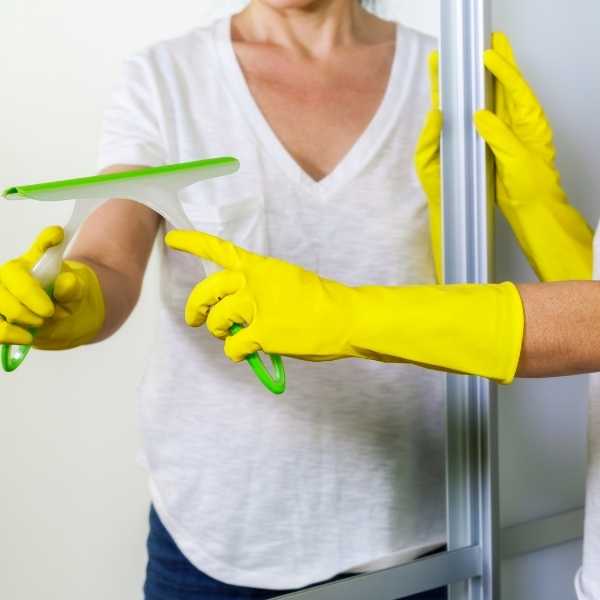 A woman cleaning a mirror with squeegee
