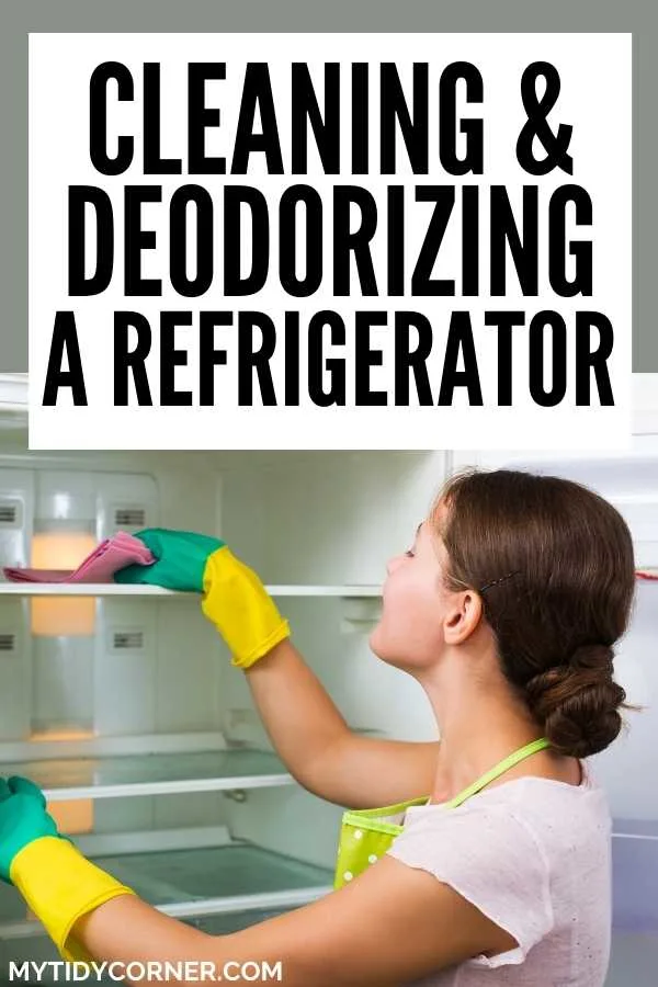 Someone cleaning a fridge with text that says, "Cleaning and deodorizing a refrigerator".