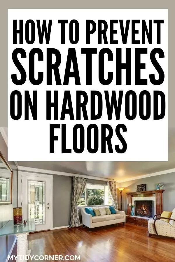 A living room with a white couch and hardwood flooring with text that says, "How to prevent scratches on hardwood floors".