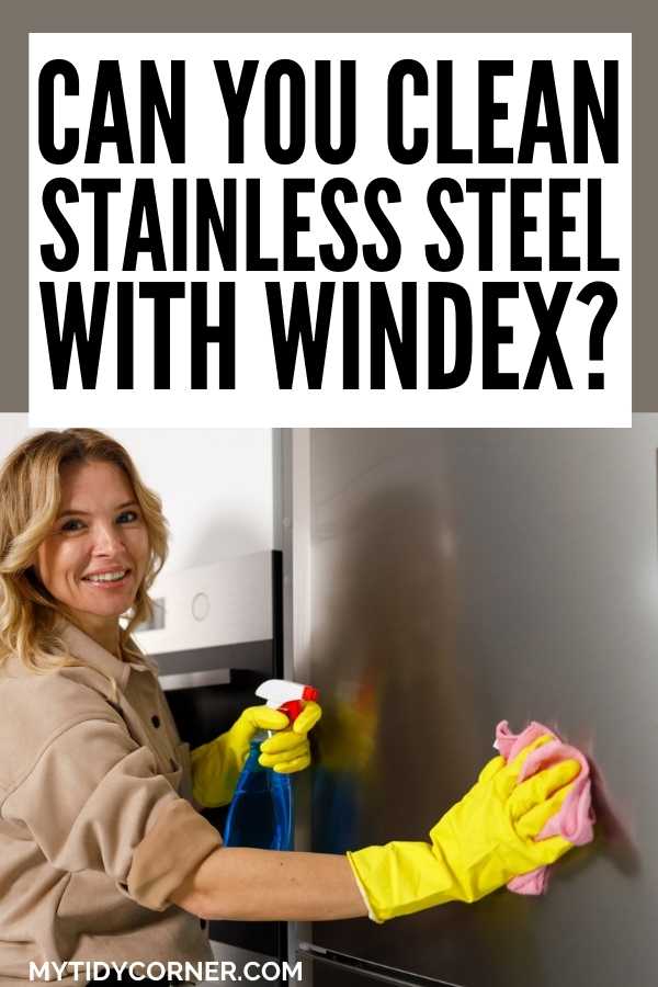 Woman cleaning her fridge with text that says, "Can you clean stainless steel with Windex".