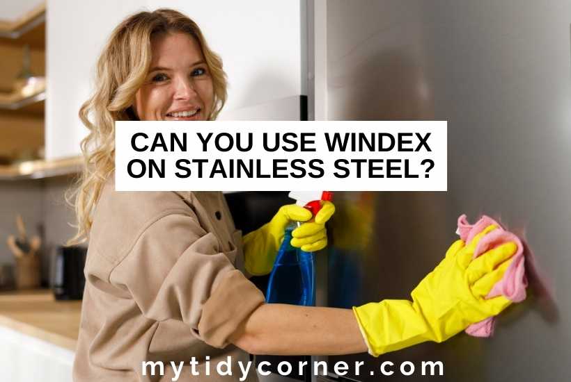 A woman cleaning a fridge with text that says, "Can you use Windex on stainless steel" post.