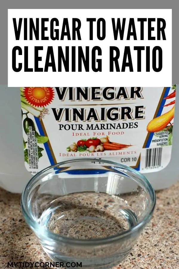 A gallon of vinegar and a bowl of water with text that says, "Vinegar to water cleaning ratio".