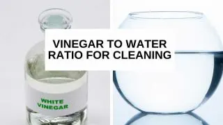 A bottle of white vinegar and glass jar of water with text that says, 