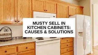 Kitchen cabinets, stove, fridge with text that says, 