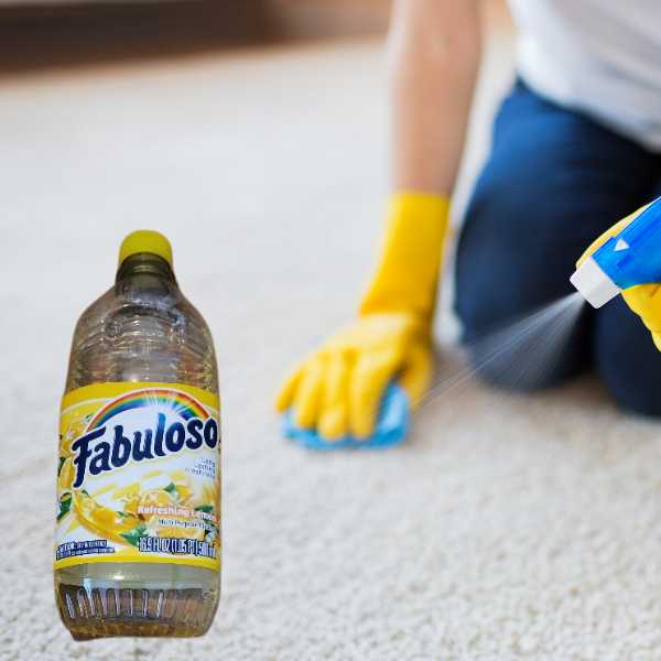 Someone cleaning a carpet with Fabuloso