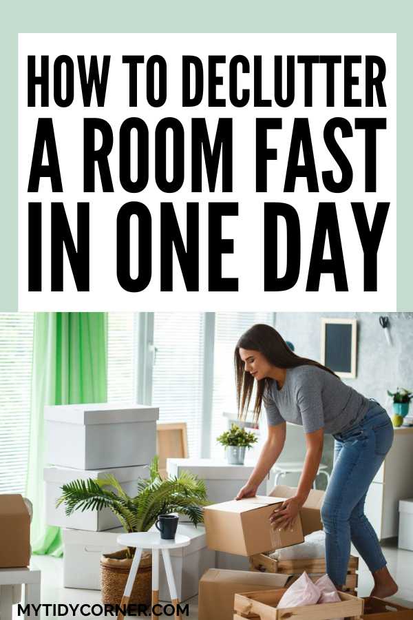 Clothes and other stuff in transparent storage containers in a room with text that says, "How to declutter a room quickly in one day".