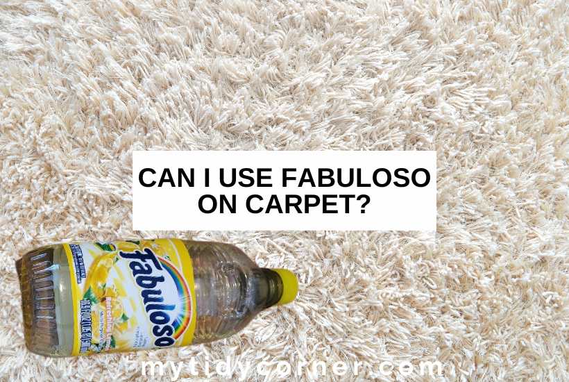 A bottle of Fabuloso on a carpet with text that says, "Can I use Fabuloso on carpet?"