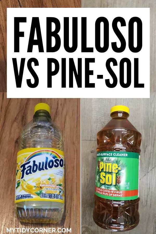 A bottle of Fabuloso, a bottle of Pine-Sol and text that says, "Fabuloso Vs Pine-Sol".
