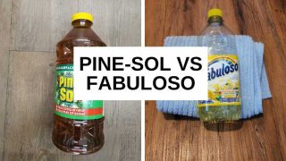 A bottle of Pine-Sol, a bottle of Fabuloso on a blue towel and text that says, 