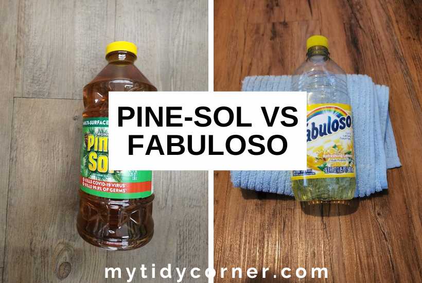 A bottle of Pine-Sol, a bottle of Fabuloso on a blue towel and text that says, "Pine-Sol Vs Fabuloso".