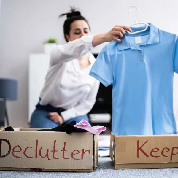 A woman sorting clothes into "declutter" and "keep" boxes
