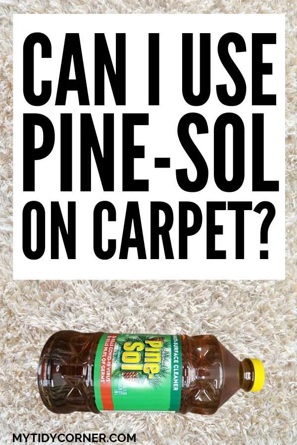 Bottle of Pine-Sol cleaner on carpet with text that says, "Can I use Pine-Sol on carpet?"