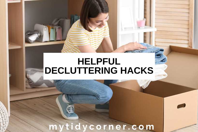 A woman putting clothes into a box and text overlay that reads, "Helpful decluttering hacks".