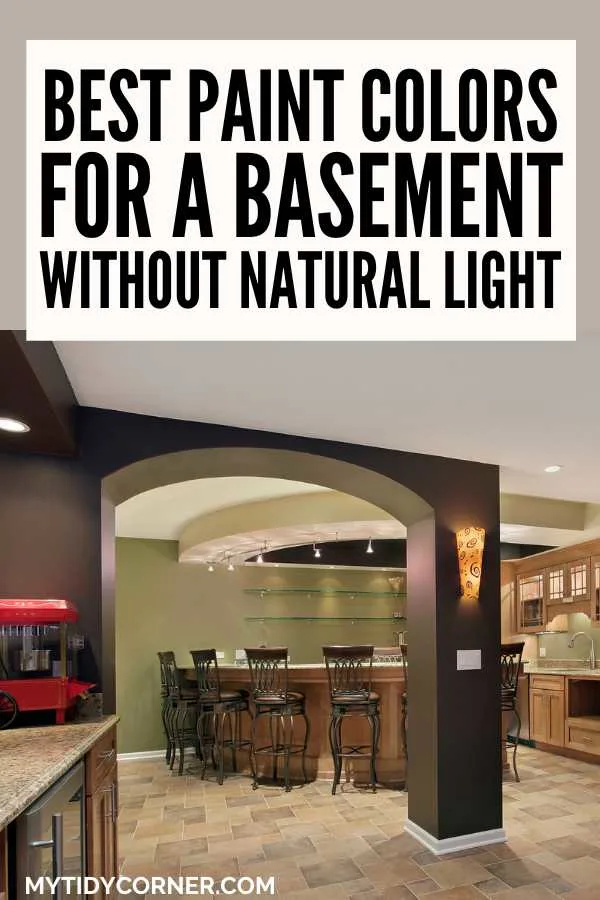 A well lit windowless basement and text overlay that reads, "Best paint colors for a basement without natural light".