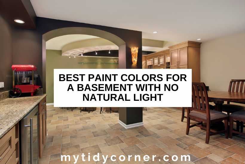 A windowless basement and text overlay that reads, "Best paint colors for a basement with no natural light".