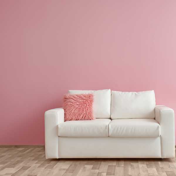She shed with blush pink wall and white sofa and pink throw pillow.
