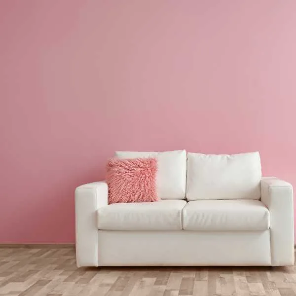 She shed with blush pink wall and white sofa and pink throw pillow.