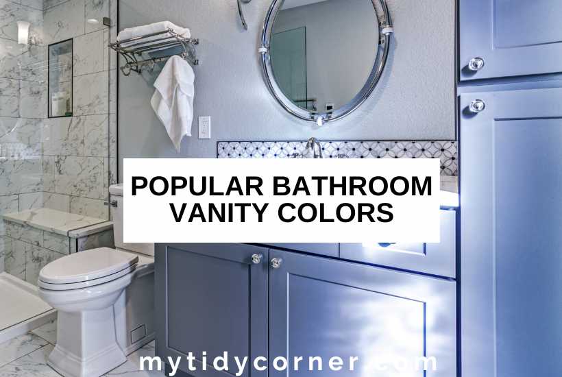 A modern bathroom and text overlay that reads, " Popular bathroom vanity colors".