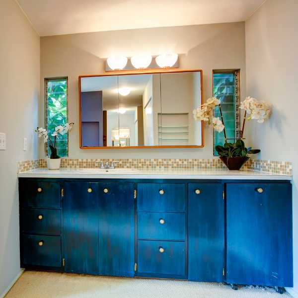 Bright blue bathroom cabinet