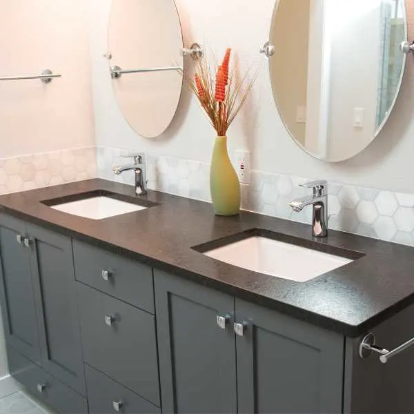 Dark grey bathroom cabinet and mirrors