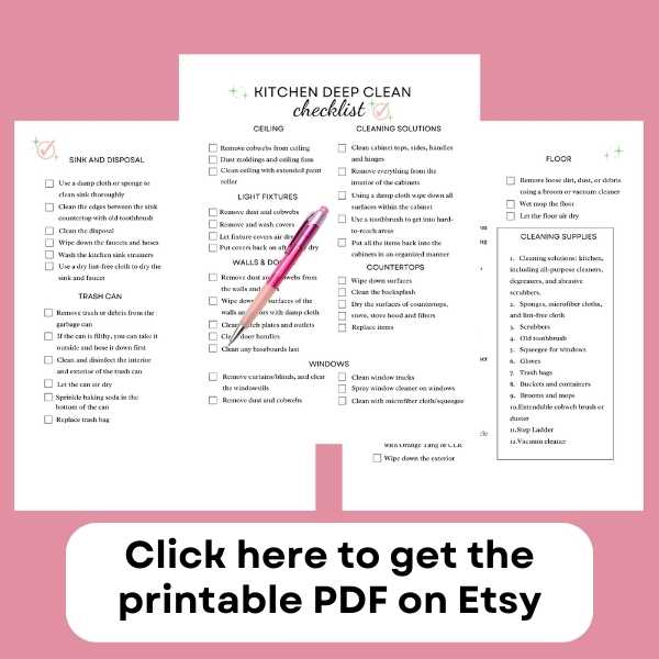 Deep clean checklist for kitchen printable pdf and text that reads, "Click here to get the printable PDF on Etsy".