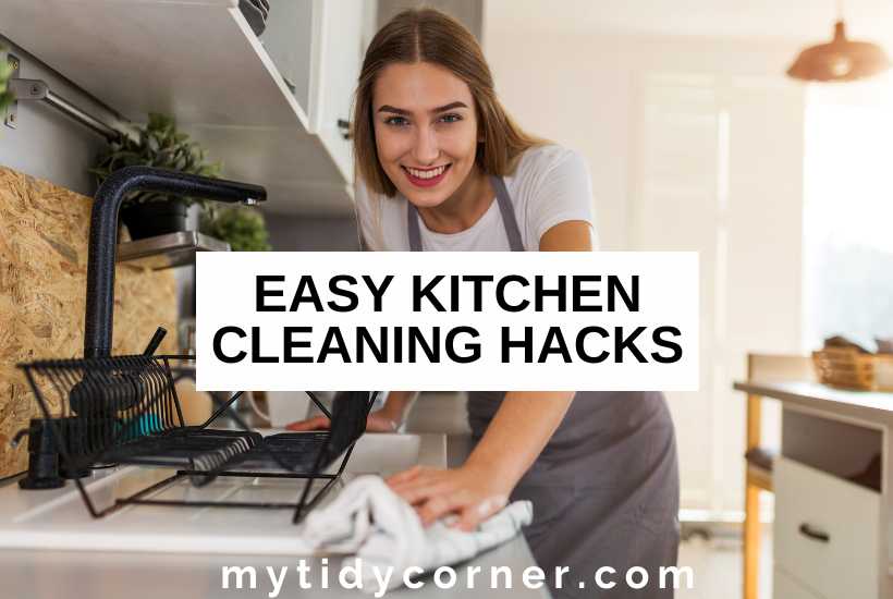 A woman cleaning a kitchen counter with a white rag and text overlay that reads, "Easy kitchen cleaning hacks".