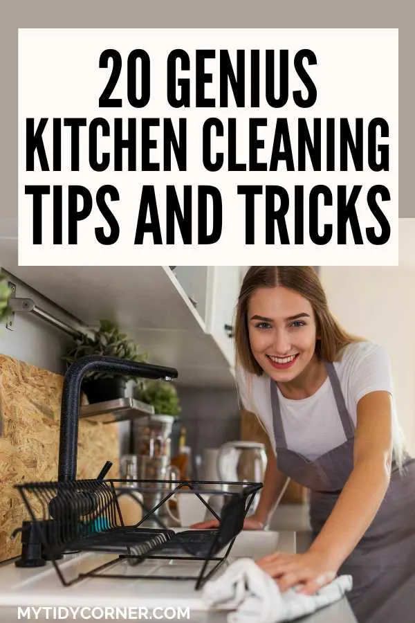 A woman cleaning a kitchen countertop with a rag and text overlay that reads, "20 genius kitchen cleaning tips and tricks".