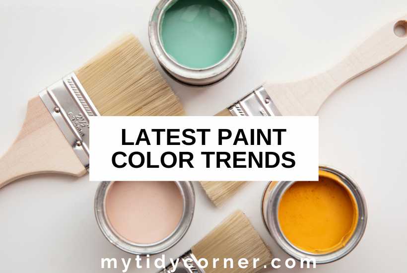 Gallons of paint and brushes and text overlay that reads, "Latest paint color trends".