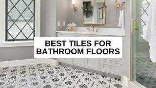 Bathroom with patterned tile flooring and text overlay that reads, 