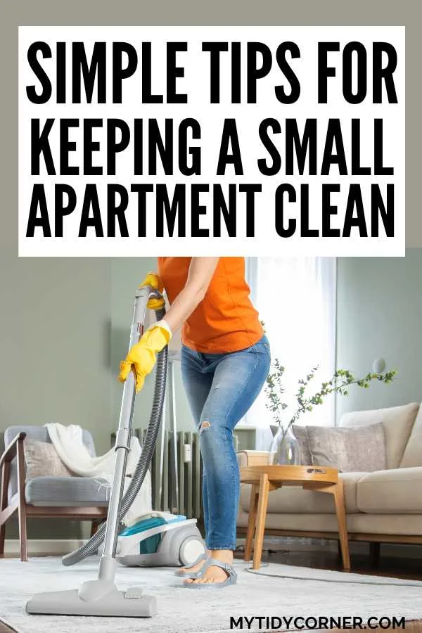 A woman cleaning a carpet and text overlay that reads, "Simple tips for keeping a small apartment clean".