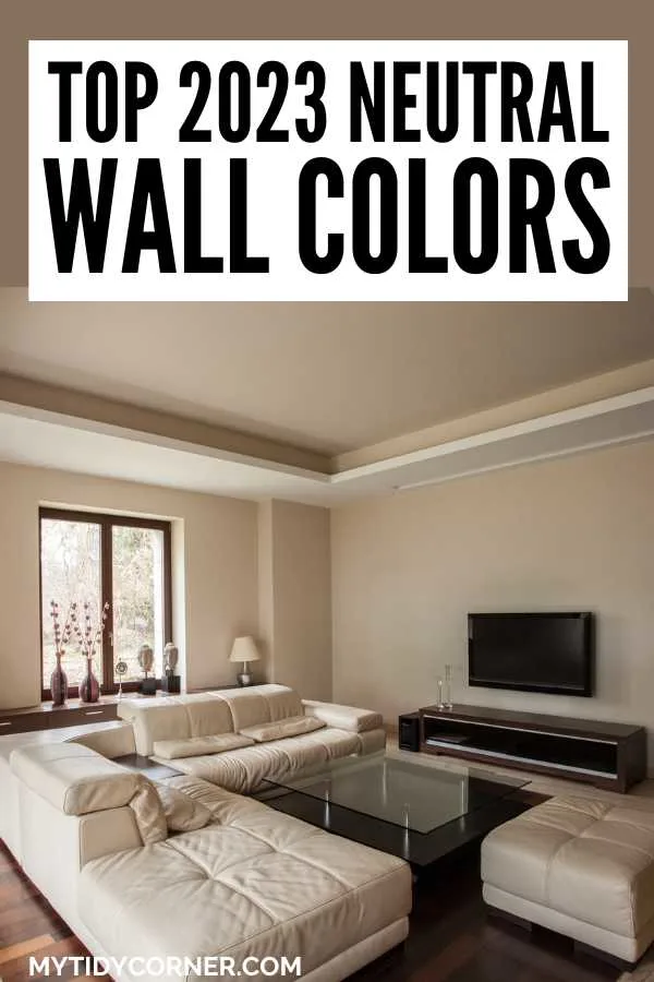 A living room and text overlay that reads, "Top 2023 neutral wall colors".