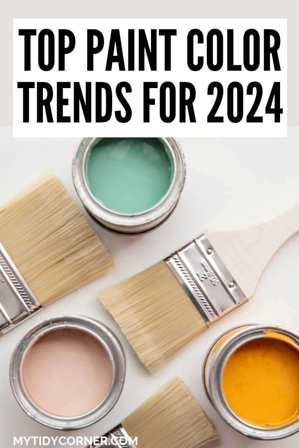 3 Gallons of paint, 3 brushes and text overlay that reads, "Top paint color trends for 2024".