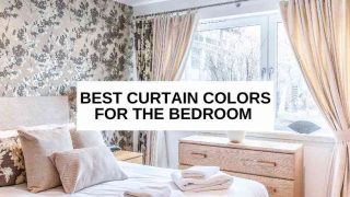 Modern bedroom with cream curtains and text overlay that reads, 