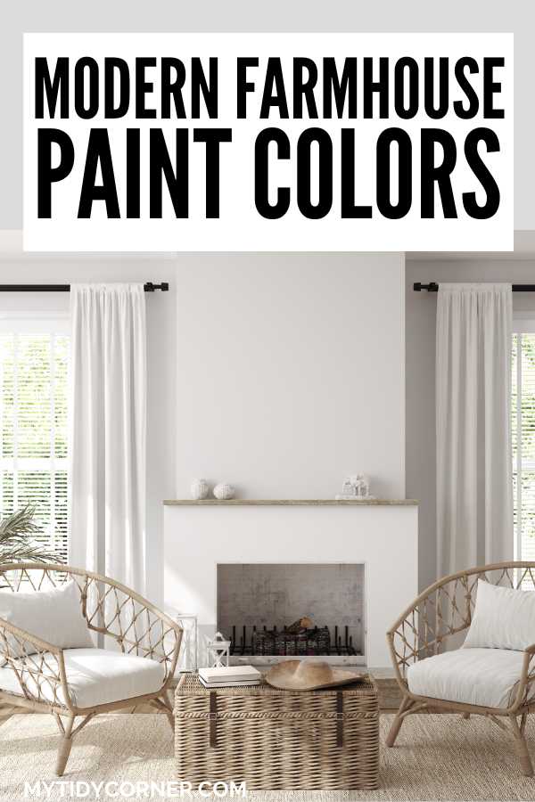 Living room with white wall, curtains and cushions and text overlay that reads, "Modern farmhouse paint colors".