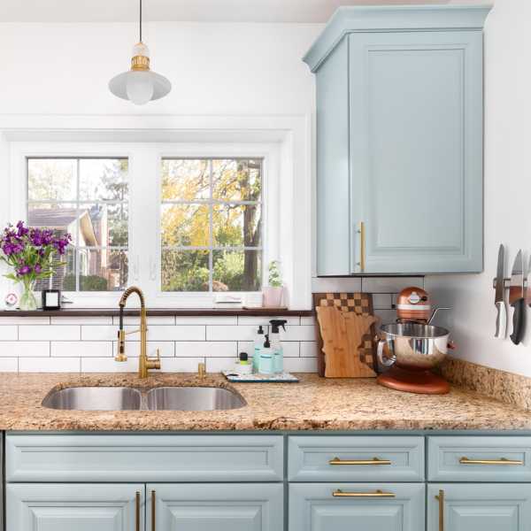 Kitchen with duck egg blue cabinets