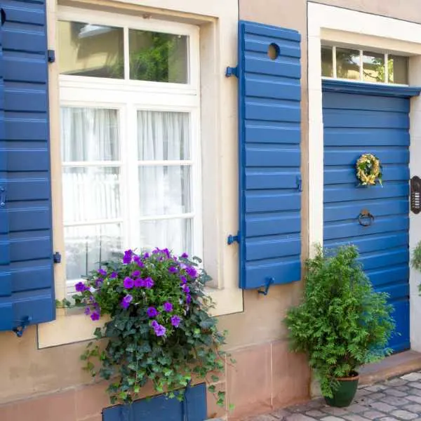 Royal blue door and shutters on a house exterior