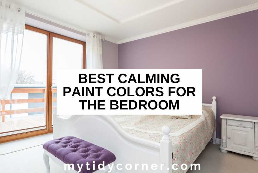 A bed with purple foot bench and lavender wall and text over lay that reads, "Best calming paint colors for the bedroom".