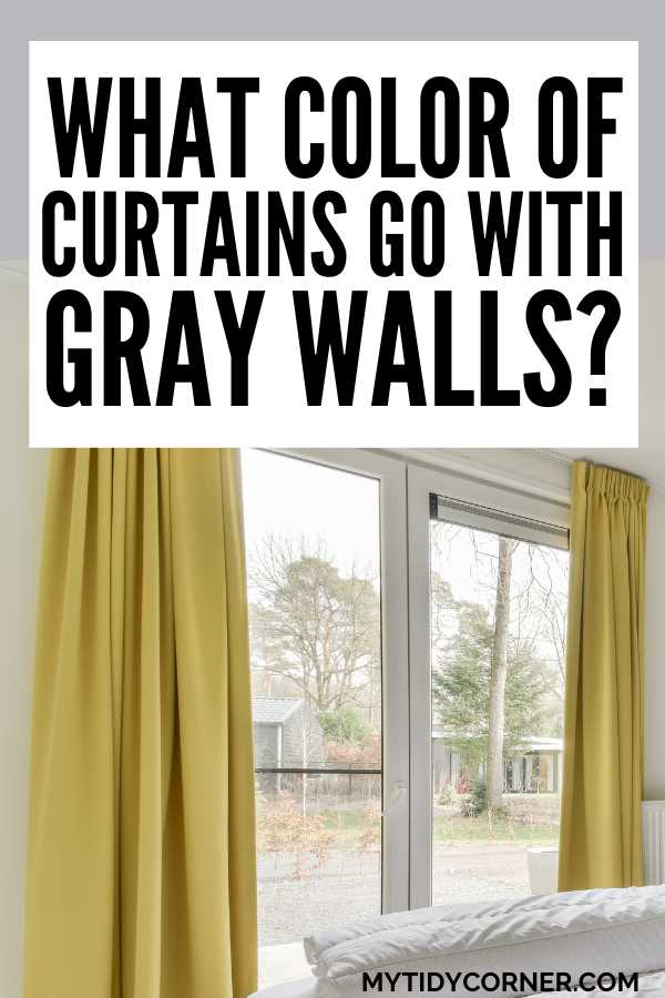 A room with yellow curtains and text overlay that reads, "What color of curtains go with gray walls?"