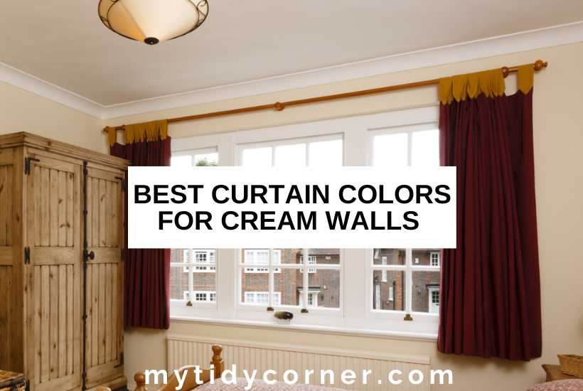 A room with dark red curtains and text overlay that reads, "Best curtain colors for cream walls".