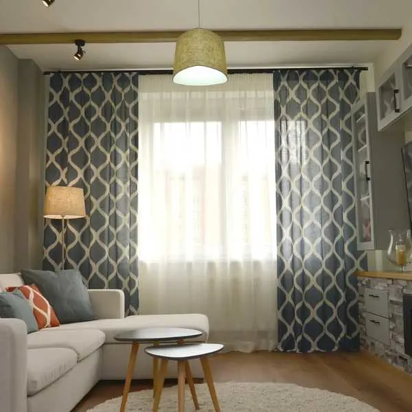 Room with patterned curtains