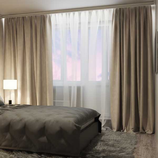 Bedroom with gathered curtains.
