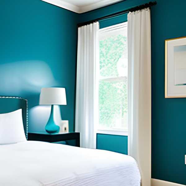 Bedroom with teal walls and white curtains.