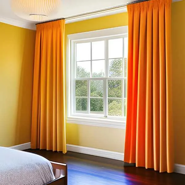 Bedroom with yellow walls and orange curtains.
